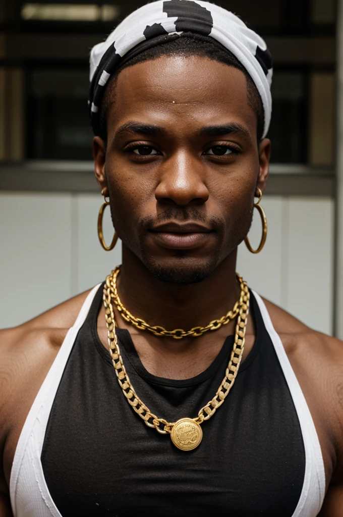 BLACK MAN, BLACK BANDANA, WHITE TANK TOP, GOLD CHAIN, FACE FRONT, BRIGHT FACE, BLACK MAN