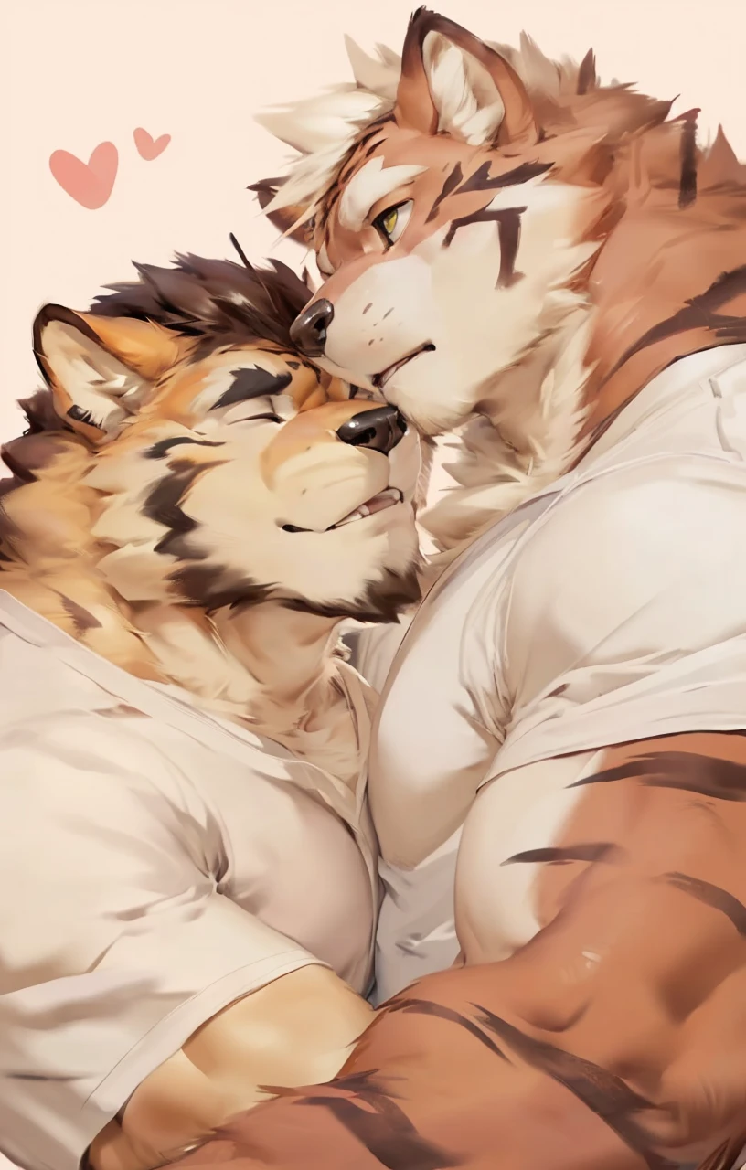 A two (tigers), (hugging) (cuddling) (cute gay couple) (anime) (white skin:1.5) (anthro, male cute, barazoku, anime, by lindong, by littleblackalas, (kemono, bara), anime, shadows, smooth skin, masterpiece, best quality, by (by Pino Daeni, (by ruaidri), yupa, kiyosan), (starbuck), by (darkgem), (chunie), (null ghos), (narse), (safe for work) (Stretching with arm up:1.0) (white background) (closed eyes)