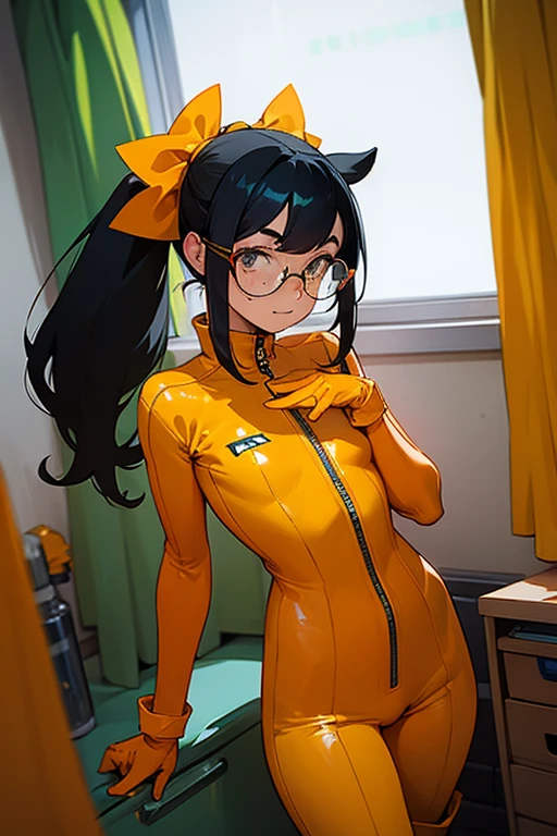 A high school girl with black hair, freckles, glasses and ponytails wearing an orange enamel catsuit, yellow gloves and yellow boots, with a shy look on her face in her room