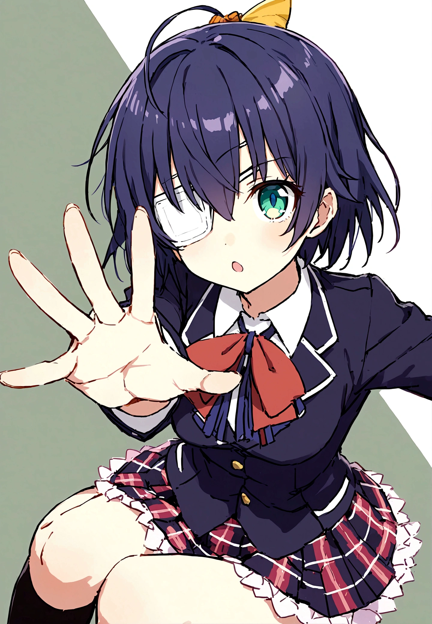 1girl,Purple Hair，Left eye patch，Right eye green pupil，short hair，Petite，Uniforms，icho private high school，White medical eye patch，Plaid skirt，Black over-the-knee socks，takanashi rikka，solo，