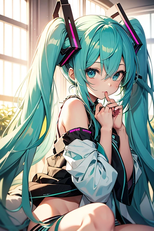 Hatsune Miku, Vocaloid, beautiful, Detailed face, , colorful, bright, whole body Green striped panties