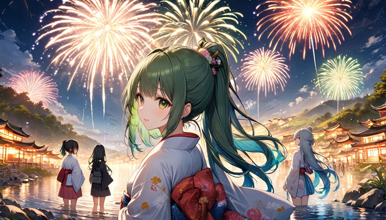 panoramic (in the night Countryside Tian Ying), (detailed background is Beautiful stream, full moon and many detailed fireworks), (back style, in a kimono), 8girls, look at fireworks, (1 girl is blue long hair, 1 girl is silver long hair, 1 girl is ponytail green hair, 1 girl is brown bob short hair, 1 girl is brown long hair, 3 girls are black long hair), BREAK, perfect anatomy, masterpiece, best quality, 16k, beautiful detailed grow, daydreaming expression.