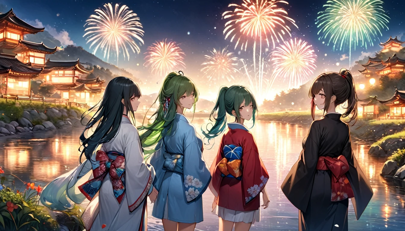 panoramic (in the night Countryside Tian Ying), (detailed background is Beautiful stream, full moon and many detailed fireworks), (back style, in a kimono), 8girls, look at fireworks, (1 girl is blue long hair, 1 girl is silver long hair, 1 girl is ponytail green hair, 1 girl is brown bob short hair, 1 girl is brown long hair, 3 girls are black long hair), BREAK, perfect anatomy, masterpiece, best quality, 16k, beautiful detailed grow, daydreaming expression.