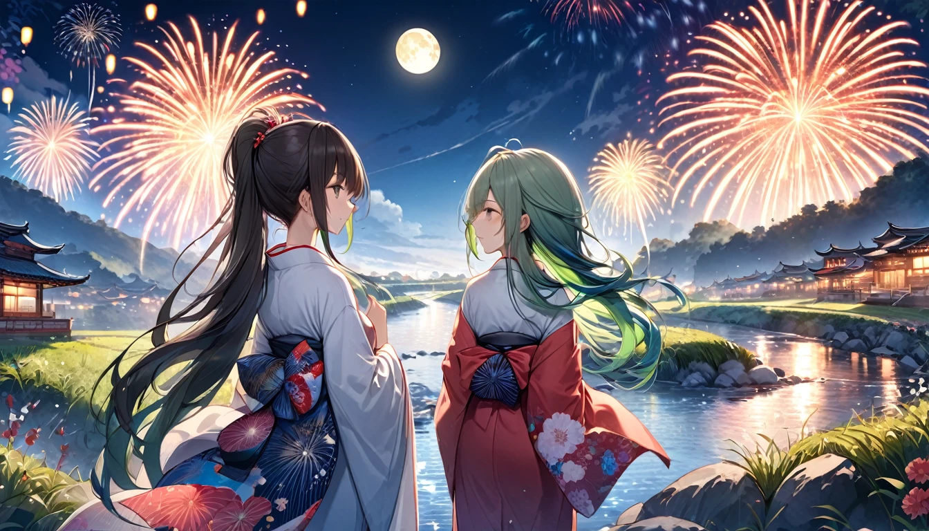 panoramic (in the night Countryside Tian Ying), (detailed background is Beautiful stream, full moon and many detailed fireworks), (back style, in a kimono), 8girls, look at fireworks, (1 girl is blue long hair, 1 girl is silver long hair, 1 girl is ponytail green hair, 1 girl is brown bob short hair, 1 girl is brown long hair, 3 girls are black long hair), BREAK, perfect anatomy, masterpiece, best quality, 16k, beautiful detailed grow, daydreaming expression.