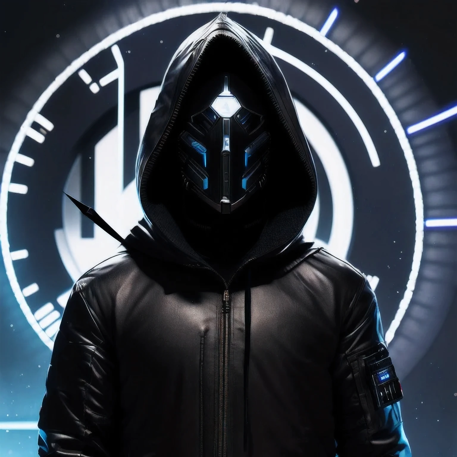 a close up of a person in a hoodedie standing in front of a clock, techwear occultist, dystopian sci-fi character, epic scifi character art, dark cyberpunk illustration, dark high-contrast concept art, dark futuristic, symmetric concept art, dark hooded wraith, epic sci - fi character art, epic sci-fi character art