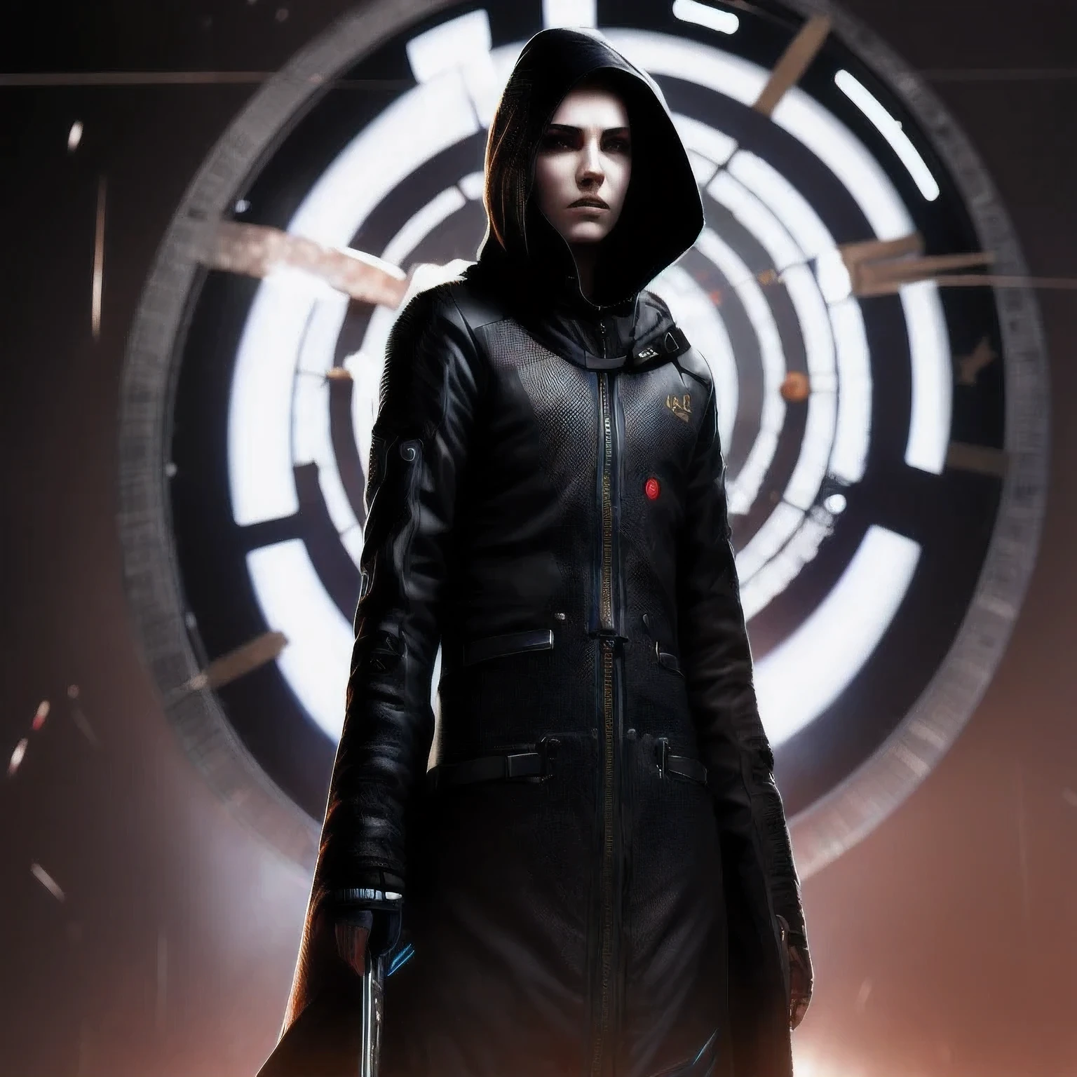 a close up of a person in a hoodedie standing in front of a clock, techwear occultist, dystopian sci-fi character, epic scifi character art, dark cyberpunk illustration, dark high-contrast concept art, dark futuristic, symmetric concept art, dark hooded wraith, epic sci - fi character art, epic sci-fi character art