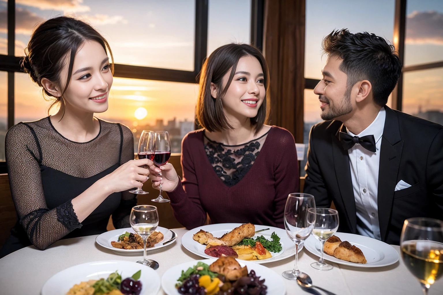 ((Highest quality、8k、masterpiece:1.3))、 (Genuineistic, Genuine、Bright image、Intricate details:1.2), Best smile 1 man 1 woman、Beautiful Couple、Lovers、Relatives and friends、actress couple、couple、Model Couple、Smile、A full-course dinner with a full table、テーブルにwine glass、 (Slim face), (The body is slim), (Brown Hair), (short hair), Please shine a light on my face、 Amazing view of the sunset sky and clouds、 (Age 43), 38 years old, red wine 、Appetizers、Wine bottle、sparkling wine、Long sleeve shirt、dress、White wine, red wine, wine glass, 