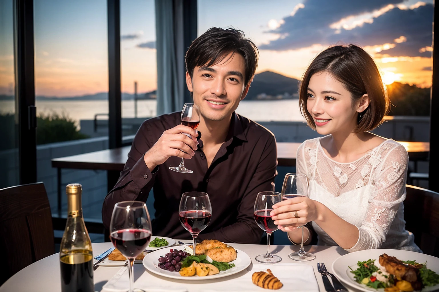 ((Highest quality、8k、masterpiece:1.3))、 (Genuineistic, Genuine、Bright image、Intricate details:1.2), Best smile 1 man 1 woman、Beautiful Couple、Lovers、Relatives and friends、actress couple、couple、Model Couple、Smile、A full-course dinner with a full table、テーブルにwine glass、 (Slim face), (The body is slim), (Brown Hair), (short hair), Please shine a light on my face、 Amazing view of the sunset sky and clouds、 (Age 43), 38 years old, red wine 、Appetizers、Wine bottle、sparkling wine、Long sleeve shirt、dress、White wine, red wine, wine glass,