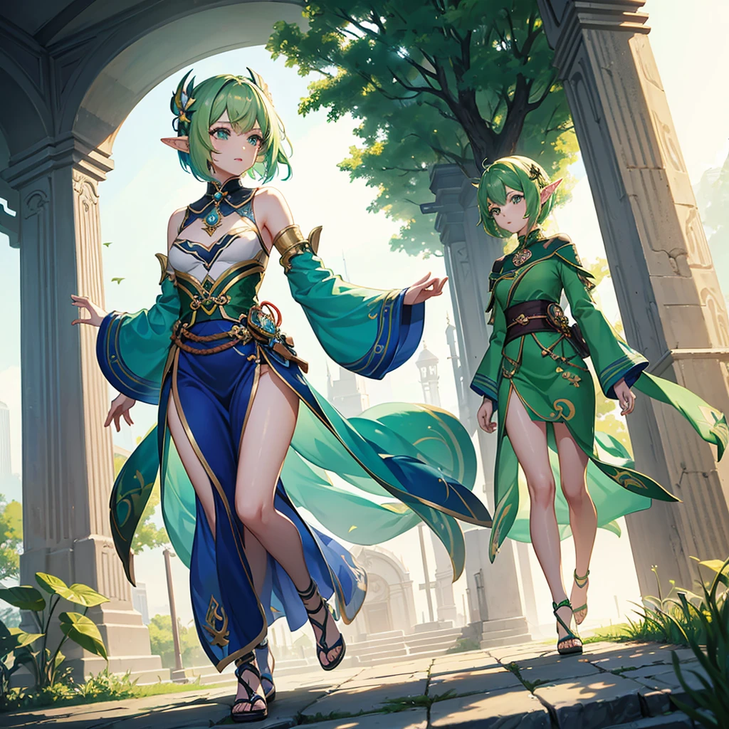 Pretty, beautiful, elf girl, elf, green hair, short hair, pretty hair, beautiful body, genshin impact design, fashion, fashion design, genshin impact, video game, full body, pretty face, starry clothes.