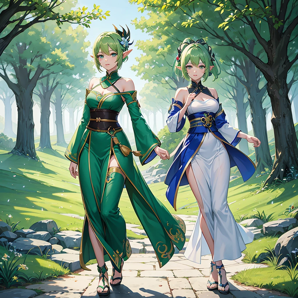 Pretty, beautiful, elf girl, elf, green hair, short hair, pretty hair, beautiful body, genshin impact design, fashion, fashion design, genshin impact, video game, full body, pretty face, starry clothes.