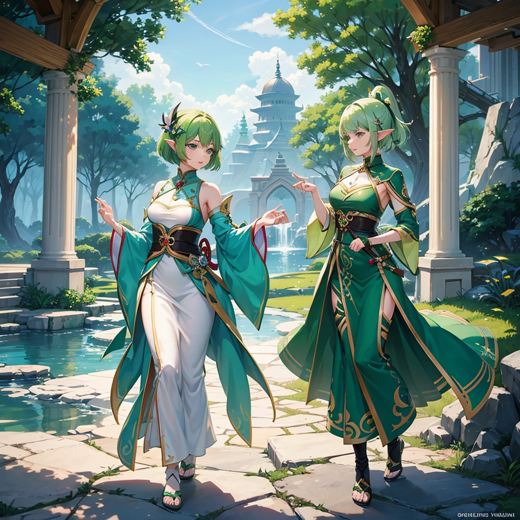 Pretty, beautiful, elf girl, elf, green hair, short hair, pretty hair, beautiful body, genshin impact design, fashion, fashion design, genshin impact, video game, full body, pretty face, starry clothes.