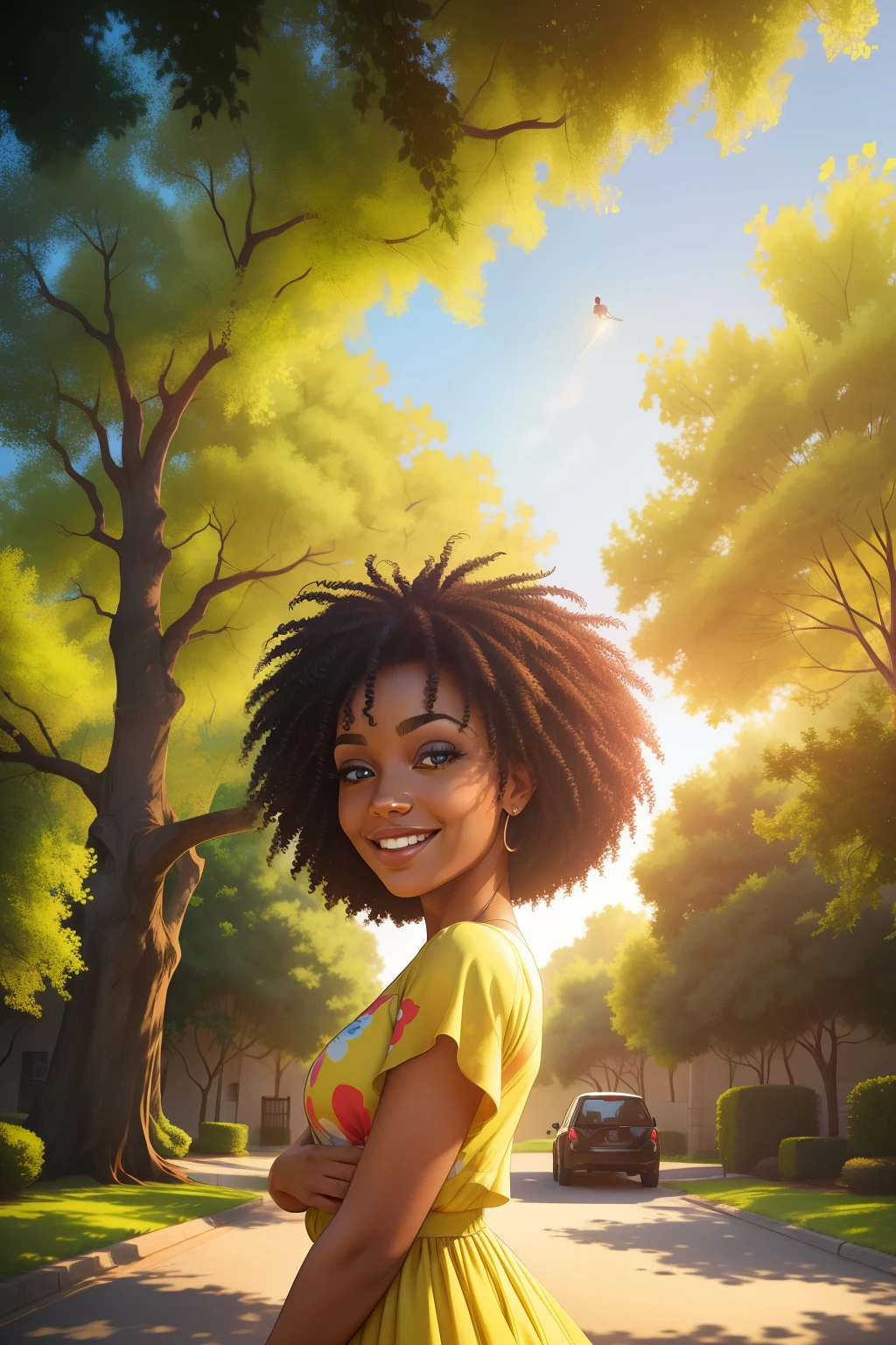Woman standing under a majestic oak tree, masterpiece illustration of an epic composition, showcasing a radiant black woman with a charming face, surrounded by a vibrant array of bright colors, illuminated by the golden sunlight filtering through the leaves. The illustration, featuring a cute art style with a rich two-dimensional cartoon feel, boasts rich layers and intricate black lines, creating a striking contrast against the brilliant colors. The woman's face, adorned with a smile, boasts a clear complexion and captivating, large eyes. The entire scene, presented in ultra-HD quality, exudes a sense of tranquility and harmony with nature, as technology seamlessly blends with