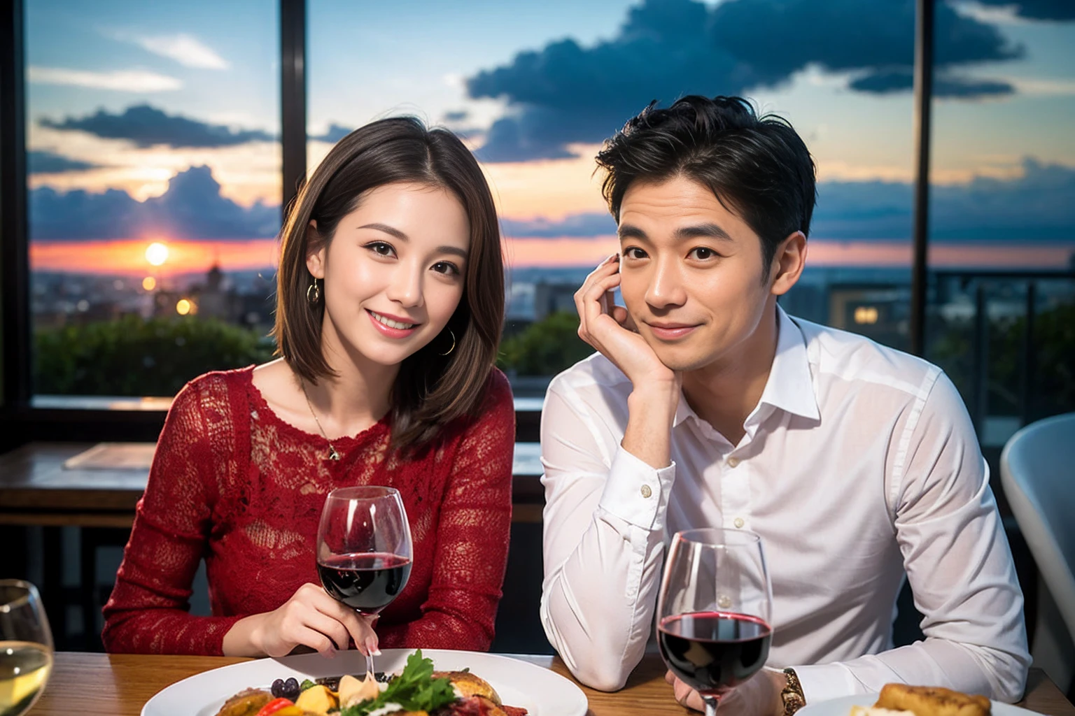 ((Highest quality、8k、masterpiece:1.3))、 (Genuineistic, Genuine、Bright image、Intricate details:1.2), Best smile 1 man 1 woman、Beautiful Couple、Lovers、Relatives and friends、actress couple、couple、Model Couple、Smile、A full-course dinner with a full table、テーブルにwine glass、 (Slim face), (The body is slim), (Brown Hair), (short hair), Please shine a light on my face、 Amazing view of the sunset sky and clouds、 (age 34), 38 years old, red wine 、Appetizers、Wine bottle、sparkling wine、Long sleeve shirt、dress、White wine, red wine, wine glass,