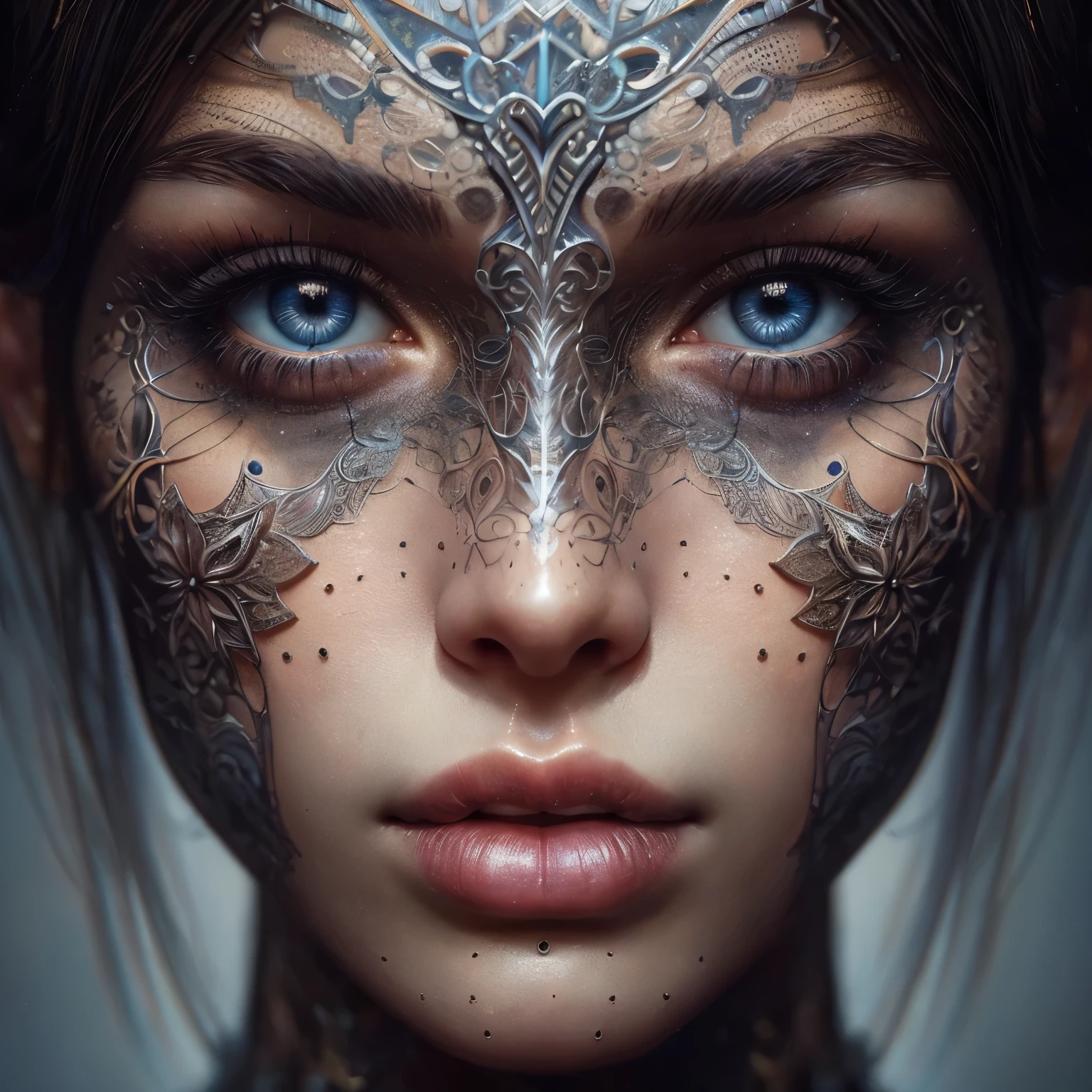 ((close-up portrait,))) masterpiece, a model lace brazier, 8k beautiful 25 year old, (((close-up portrait,))) (Frontal view:1.4), symmetrical face, symmetrical eyes, hyper 8k detailed photo, 8k resolution concept art by greg rutkowski, artgerm, wlop, alphonse Mucha, beeple, caravaggio, hyper- detailed intricately detailed art trending on artstation triadic colors unreal engine 5 volumetric lighting, perfect composition, beautiful detailed intricately insanely detailed octane render trending on artstation, 8 k artistic photography, photorealistic, soft natural volumetric cinematic perfect light, chiaroscuro, masterpiece, oil on canvas, digital painting, symmetrical, illuminating, detailed face, smooth soft skin, ultra-realistic, soft hairs, looking into the camera, sf, intricate artwork ominous, matte painting movie poster, golden ratio, trending on cgsociety, intricate, epic, trending on artstation, highly detailed, vibrant, production cinematic character render, ultra high quality mod