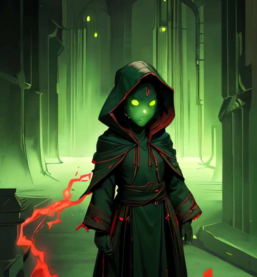 Little kid girl, wearing black-and-red, mummy-like tattered robe adorned with ancient markings, face is obscured by a mask or hood, (glowing green eyes), ((levitating)), high detail, sharp focus, dramatic, photorealistic painting art ,all people green souls,lurid,necromace,green aura,fight pose,all wraith control