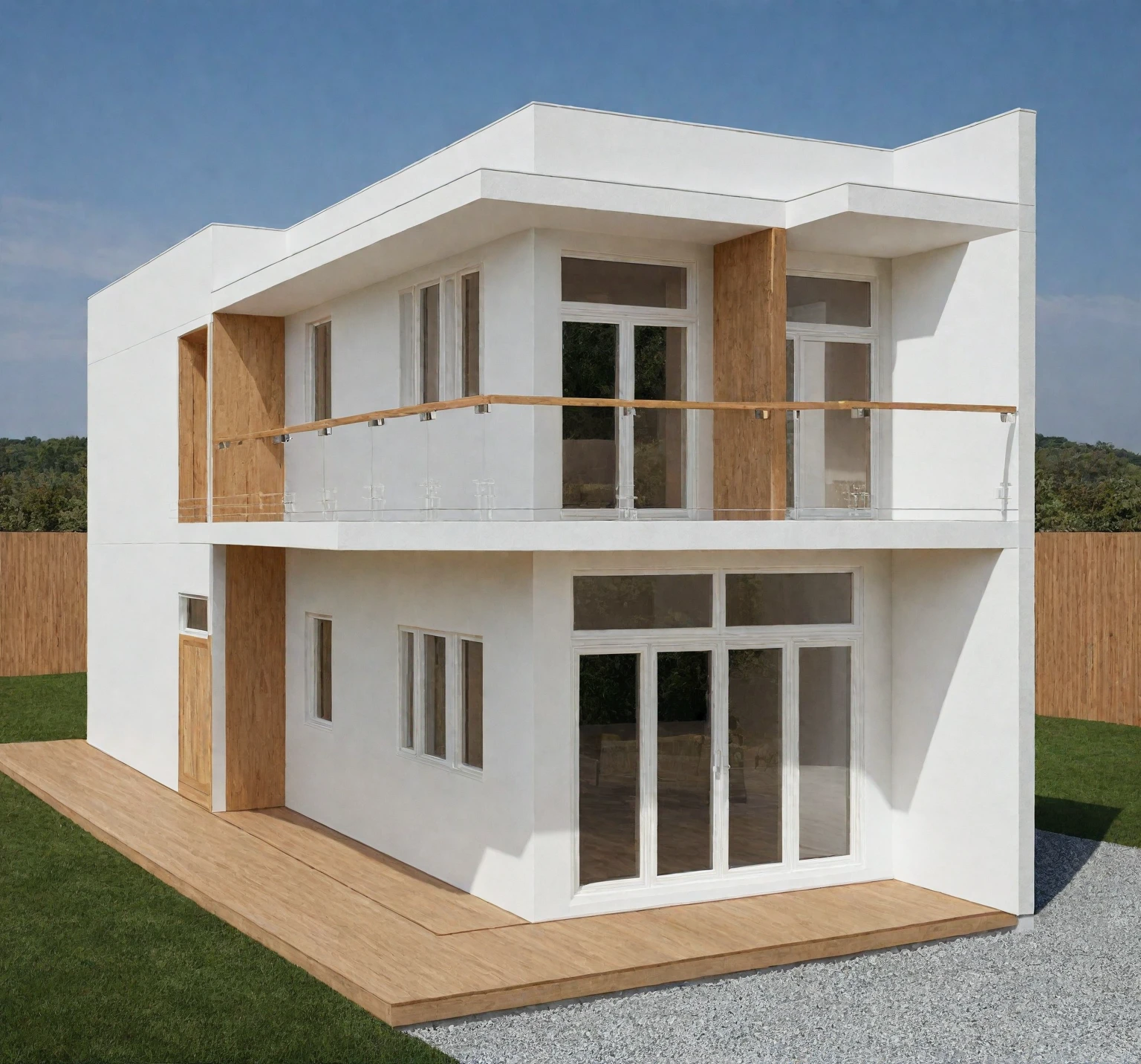 exterior of the house, style contemporain, mur blanc, Mur de bois, porte en bois, window, (realistic:1.2), chef-d'artwork, High quality, best quality, authentique, great detail, en plein air,route,pavement, herbe, des arbres, ciel, nuage, (day light:1.1)