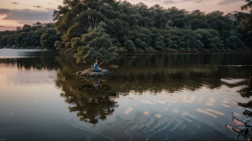 A serene lakeside at sunset, with a gentle breeze rustling through the trees. A woman in a flowing dress stands near the water, gazing dreamily at the horizon. Soft, pastel colors paint the sky, reflecting on the calm water. The atmosphere is romantic and tranquil, with fireflies gently illuminating the twilight. A guitar resting against a nearby tree suggests the presence of soothing, acoustic music. The overall vibe is peaceful, romantic, and enchanting.