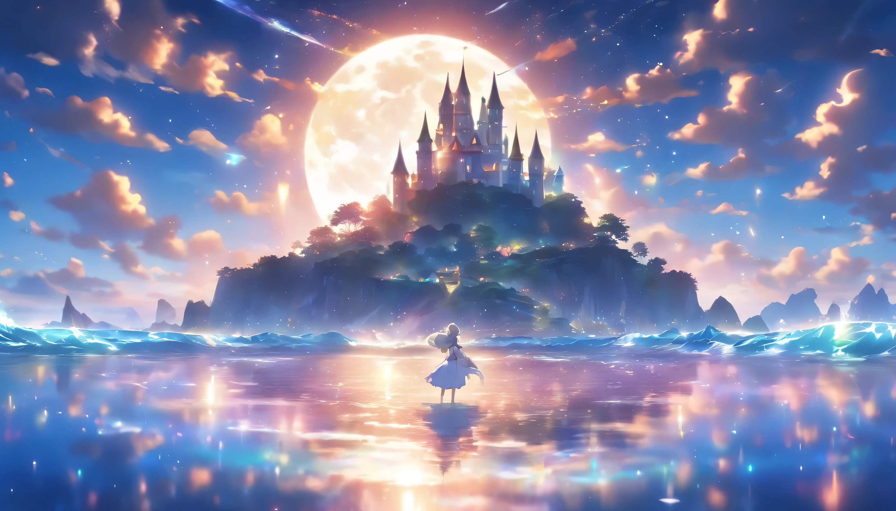 A small island in the sky、((crystal、Prism Island))、((Big Moon))、(((Moonlight reflecting off the sea)))、midnight、Sparkling starry sky、shooting star、((The Queen&#39;s Castle on a Deserted Island))、Transparent Prism、crystal、Various colors mix together、(Colorful light)、((Background: Magnificent ocean and night sky))
、((Pure white nature))、((Overall pale glow))
(The sea sparkles like a jewel)、((Pure white cloudidnight、(Beautiful little castle)