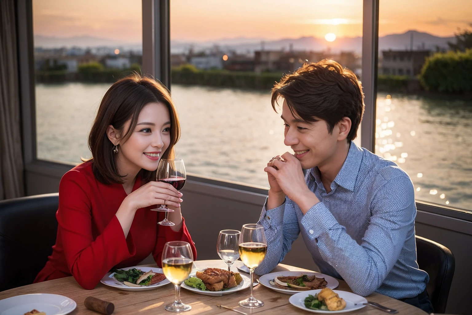 ((Highest quality、8k、masterpiece:1.3))、 (Genuineistic, Genuine、Bright image、Intricate details:1.2), Best smile 1 man 1 woman、Beautiful Couple、Lovers、Relatives and friends、actress couple、couple、Model Couple、Smile、A full-course dinner with a full table、テーブルにwine glass、 (Slim face), (The body is slim), (Brown Hair), (short hair), Please shine a light on my face、 Amazing view of the sunset sky and clouds、 (Age 40), 38 years old, red wine 、Appetizers、Wine bottle、sparkling wine、Long sleeve shirt、dress、White wine, red wine, wine glass,