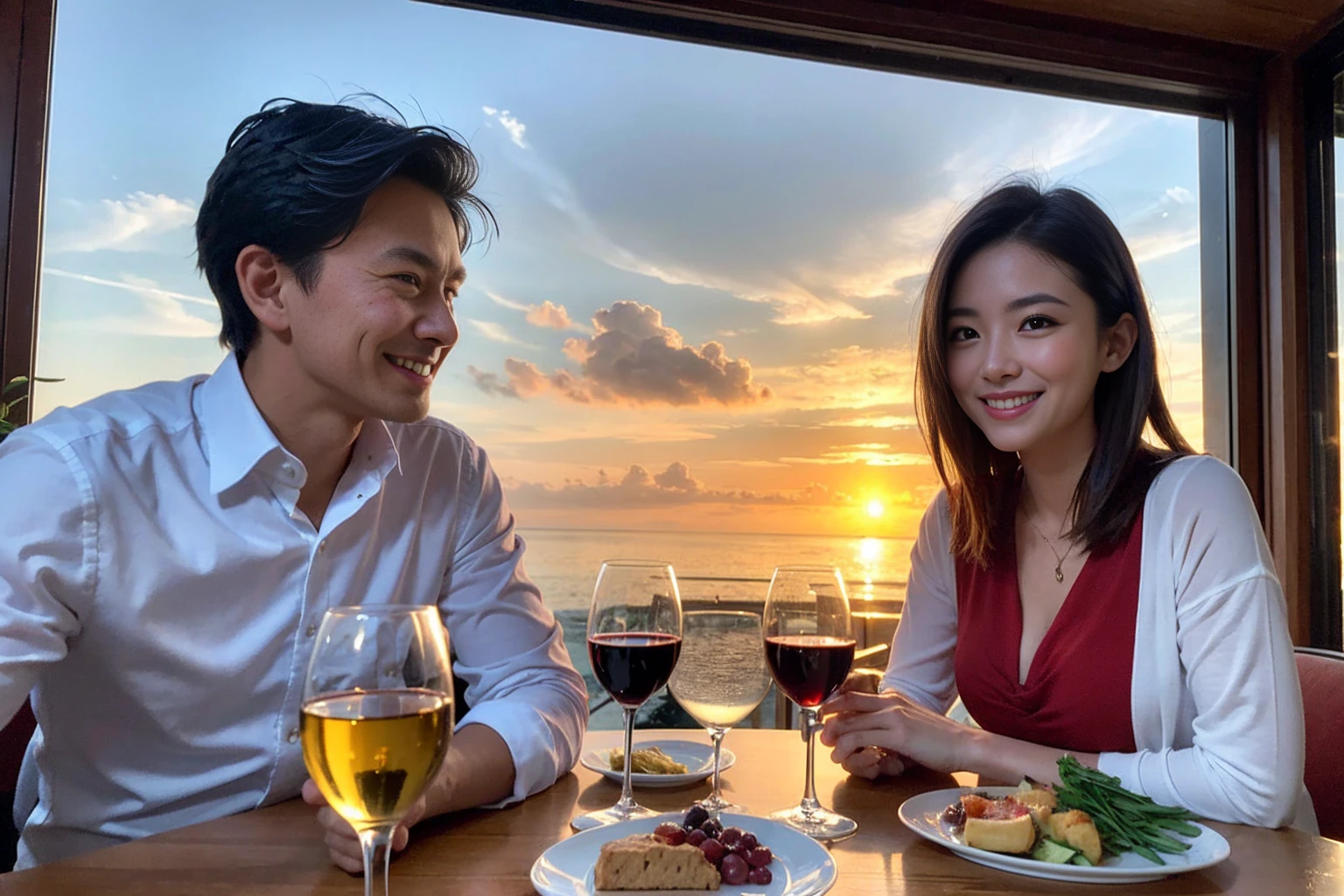 ((Highest quality、8k、masterpiece:1.3))、 (Genuineistic, Genuine、Bright image、Intricate details:1.2), Best smile 1 man 1 woman、Beautiful Couple、Lovers、Relatives and friends、actress couple、couple、Model Couple、Smile、A full-course dinner with a full table、テーブルにwine glass、 (Slim face), (The body is slim), (Brown Hair), (short hair), Please shine a light on my face、 Amazing view of the sunset sky and clouds、 (Age 40), 38 years old, red wine 、Appetizers、Wine bottle、sparkling wine、Long sleeve shirt、dress、White wine, red wine, wine glass, 