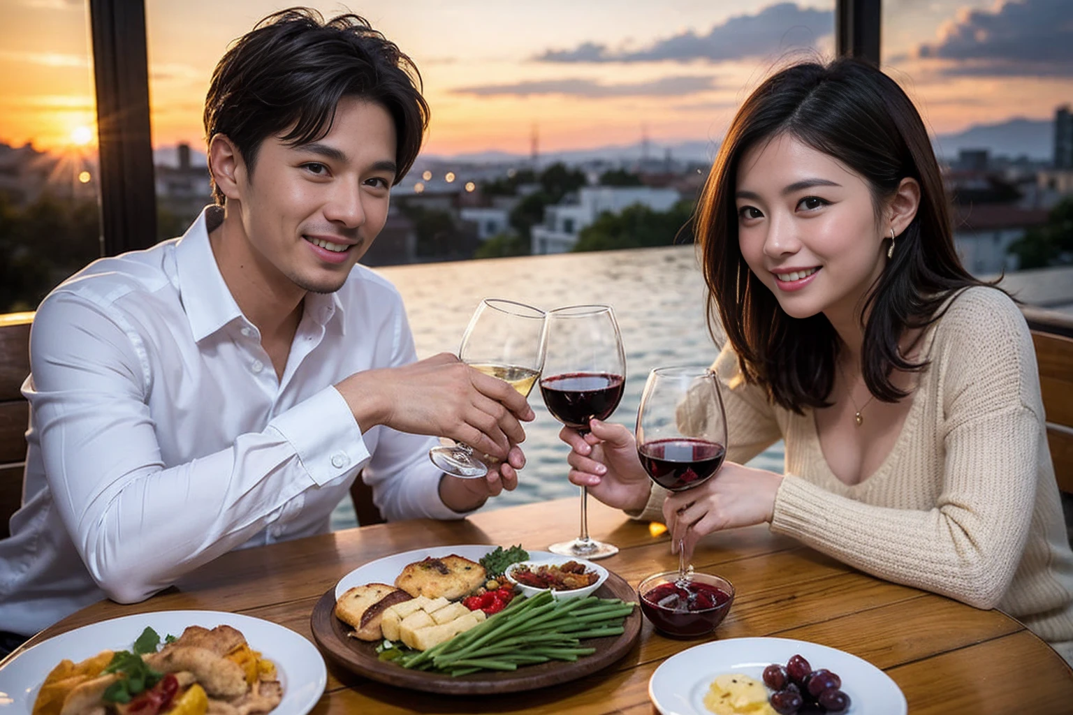 ((Highest quality、8k、masterpiece:1.3))、 (Genuineistic, Genuine、Bright image、Intricate details:1.2), Best smile 1 man 1 woman、Beautiful Couple、Lovers、Relatives and friends、actress couple、couple、Model Couple、Smile、A full-course dinner with a full table、テーブルにwine glass、 (Slim face), (The body is slim), (Brown Hair), (short hair), Please shine a light on my face、 Amazing view of the sunset sky and clouds、 (Age 40), 38 years old, red wine 、Appetizers、Wine bottle、sparkling wine、Long sleeve shirt、dress、White wine, red wine, wine glass, 