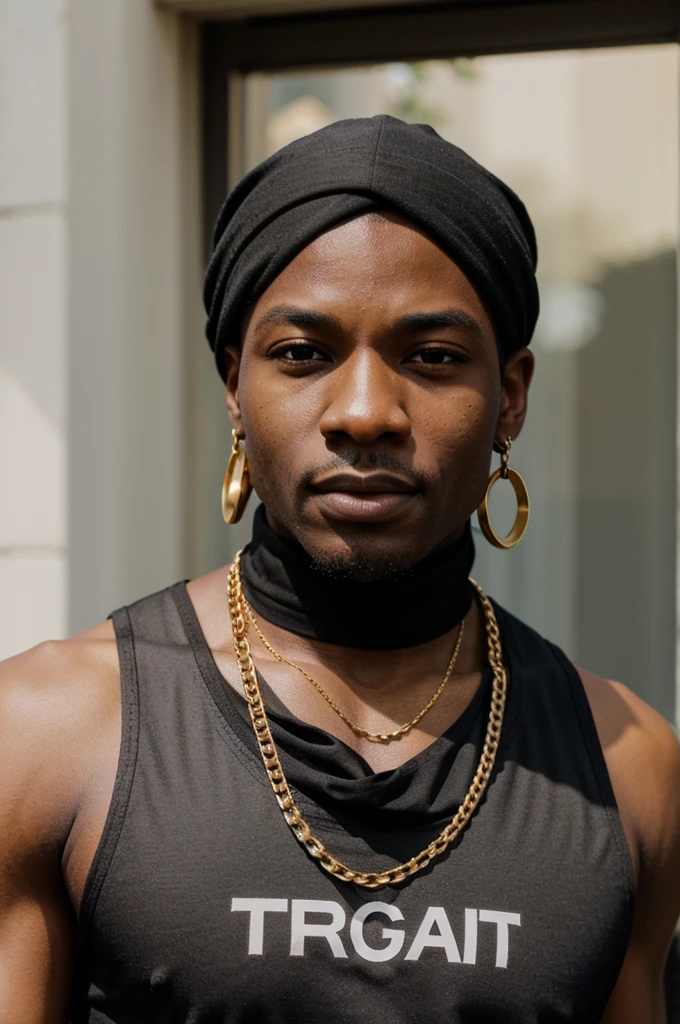 BLACK MAN, BLACK BANDANA, WHITE TANK TOP, GOLD CHAIN, FACE FRONT, BRIGHT FACE