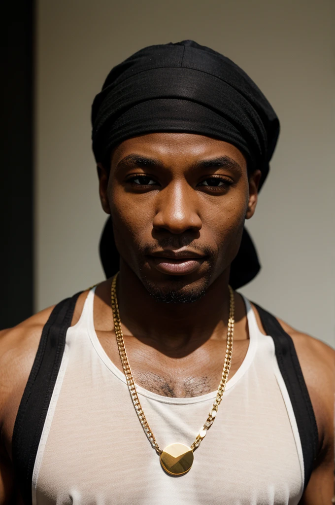 BLACK MAN, BLACK BANDANA, WHITE TANK TOP, GOLD CHAIN, FACE FRONT, BRIGHT FACE