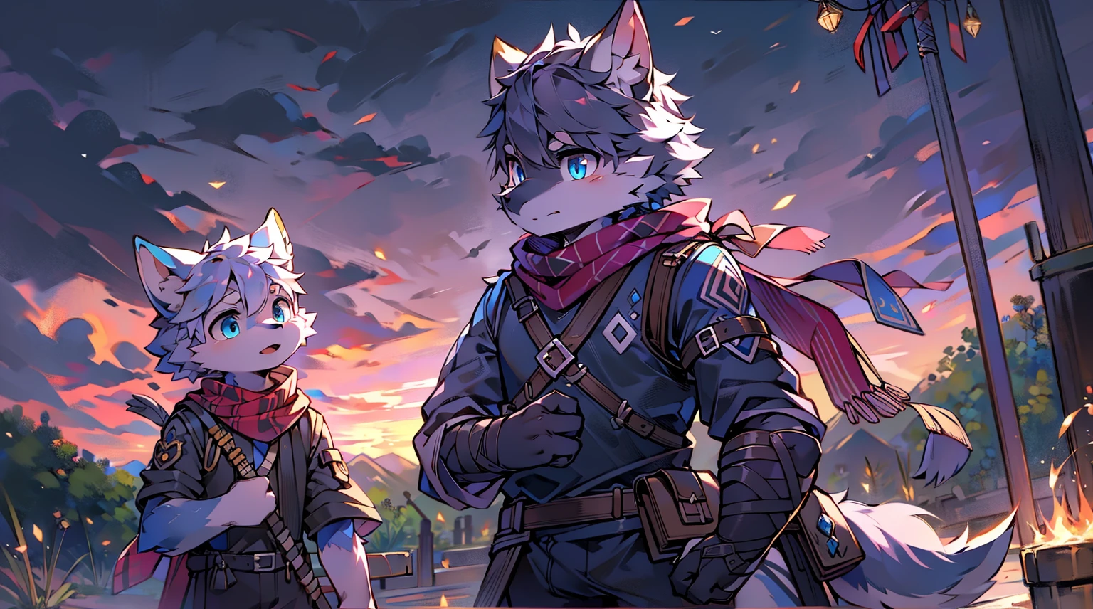 Wolf,juvenile,male,Gray-black fur,Sky blue eyes,Ancient combat uniform,scarf,Holding a long sword,Scabbard back,permanent,The only one,dawn,illumination,Break