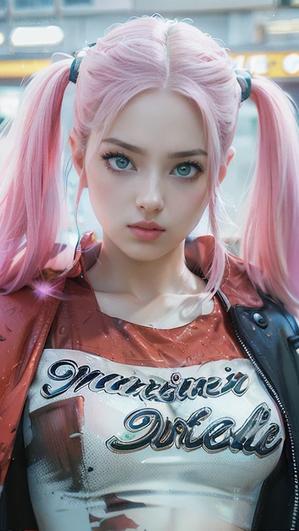 young woman, short shoulder-length pink hair, wide forehead, porcelain skin, pink eyebrows, big emerald green eyes, buttoned nose, full lips, heart-shaped face, slender body, small breasts, red tank top, Sakura Haruno , realistic, realism, details, 3d, well detailed
