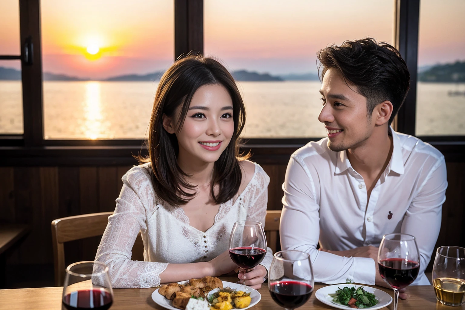 ((Highest quality、8k、masterpiece:1.3))、 (Genuineistic, Genuine、Bright image、Intricate details:1.2), Best smile 1 man 1 woman、Beautiful Couple、Lovers、Relatives and friends、actress couple、couple、Model Couple、Smile、A full-course dinner with a full table、テーブルにwine glass、 (Slim face), (The body is slim), (Brown Hair), (short hair), Please shine a light on my face、 Amazing view of the sunset sky and clouds、 (age 34), 38 years old, red wine 、Appetizers、Wine bottle、sparkling wine、Long sleeve shirt、dress、White wine, red wine, wine glass,