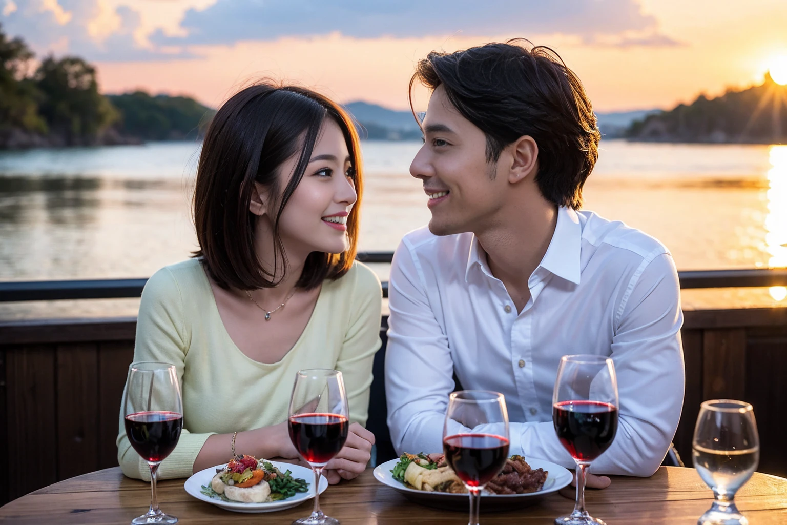 ((Highest quality、8k、masterpiece:1.3))、 (Genuineistic, Genuine、Bright image、Intricate details:1.2), Best smile 1 man 1 woman、Beautiful Couple、Lovers、Relatives and friends、actress couple、couple、Model Couple、Smile、A full-course dinner with a full table、テーブルにwine glass、 (Slim face), (The body is slim), (Brown Hair), (short hair), Please shine a light on my face、 Amazing view of the sunset sky and clouds、 (age 34), 38 years old, red wine 、Appetizers、Wine bottle、sparkling wine、Long sleeve shirt、dress、White wine, red wine, wine glass, 