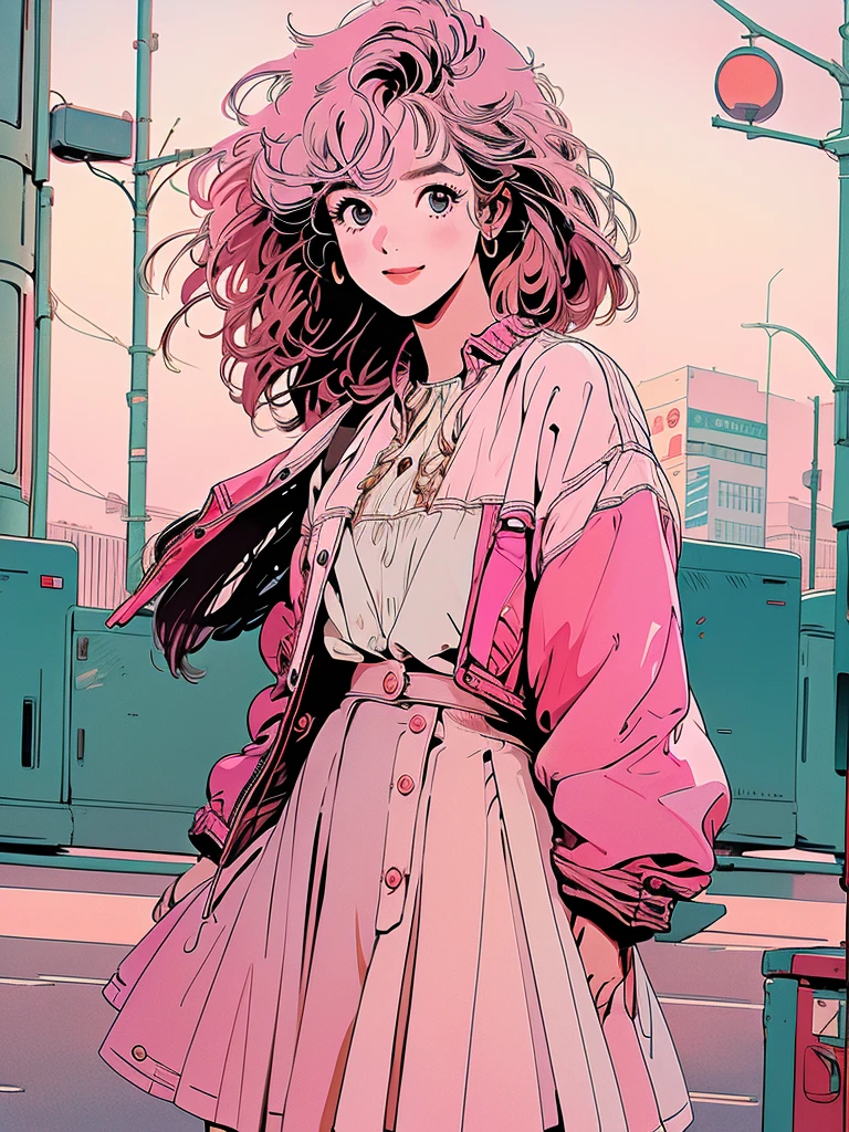One beautiful woman, whole body,4k, Warm colors , White blouse、skirt, pedestrian crossing、Signal, 、intersection、Complex background、Medium length pink hair、Detailed Hair、smile