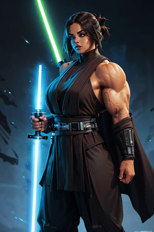 ((((Massive, tall, beautiful, buff, muscular light brown skinned female Jedi with black hair, black lipstick, ginormous bulky muscles, holding a lightsaber and wearing an all black Jedi outfit and Jedi pants)))), (close view), black eyeliner, massive muscles, massive biceps, hyper muscle triceps, (long straight hair), orange eyes, Jedi boots, In space, Jedi outfit, Jedi pants, nighttime, confident smile, hyper muscles arms, hyper muscle legs, (ginormous arms)