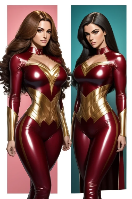 Arte similar Jonh Buscema,8k resolution, rasgos faciales exquisitos, cara perfecta, Super hombre, Superheroine, star symbol on chest, Cubierta en la espalda, lineas en la frente, una figura femenina, Una hermosa dama, piel brillante, alto detalle, mejor calidad, Bishōjo, pelo largo y dorado, ropa de cuero ajustada, (latex body), (Importantes avances)), gimnasio sucio, cara delicada, {{illustration}}, {extremadamente delicado y hermoso}, {maquillaje exquisito}, {{Chicas con ropa roja ajustada}}, Super meticuloso, (rayas negras y rojas en la ropa), ojos delicados y luminosos, ropa de cuero rojo, pantimedias, {{movie light}}, Dos, Efecto de luz extremo