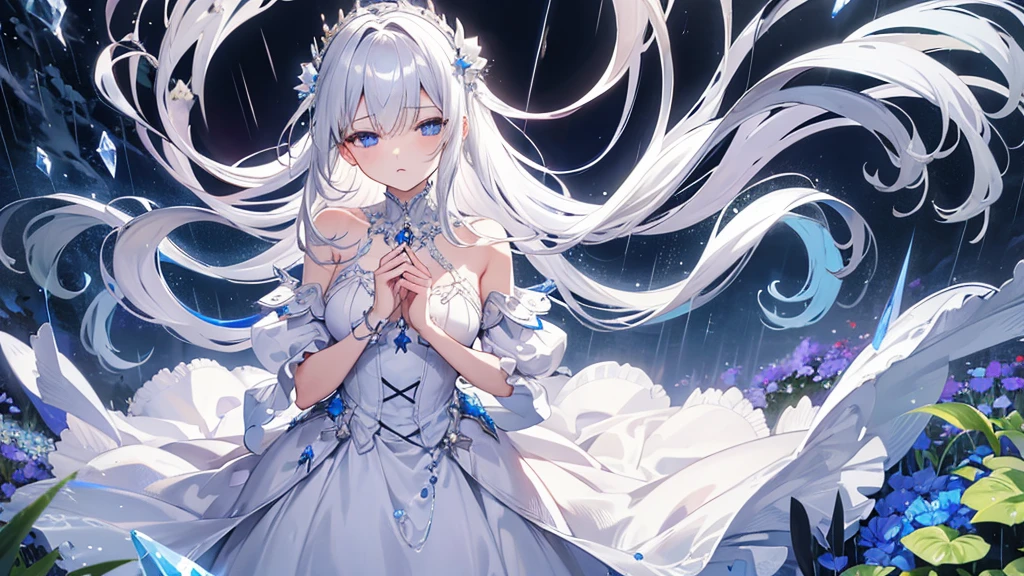 silver hair, hair over eyes, jewelry, half-closed eyes, sad, parted lips, crossed bangs, floating hair, crystal hair, Renaissance, sparkle, masterpiece, best quality,White Dress,Girl,blue eyes,rain,night,whole body,garden