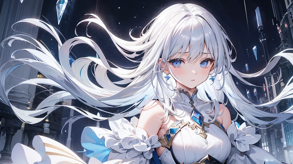 silver hair, hair over eyes, jewelry, half-closed eyes, sad, parted lips, crossed bangs, floating hair, crystal hair, Renaissance, sparkle, masterpiece, best quality,White Dress,Girl,blue eyes,rain,night,whole body,garden
