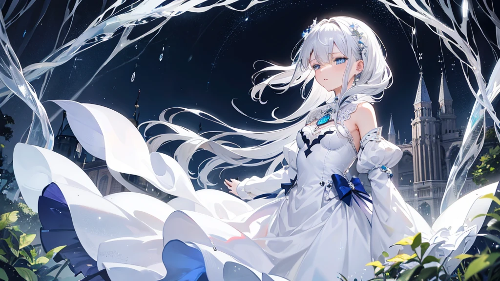 silver hair, hair over eyes, jewelry, half-closed eyes, sad, parted lips, crossed bangs, floating hair, crystal hair, Renaissance, sparkle, masterpiece, best quality,White Dress,Girl,blue eyes,rain,night,whole body,garden