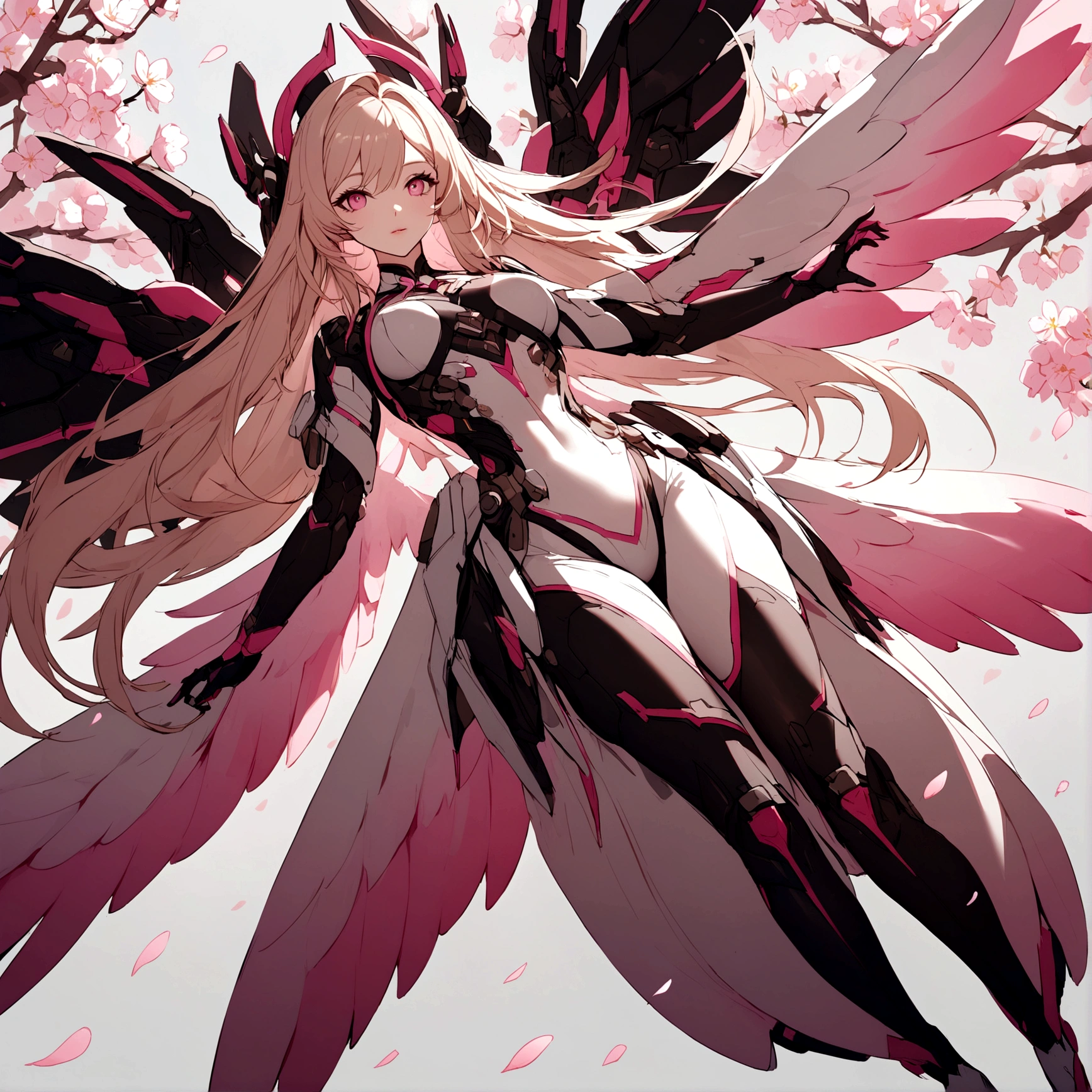 Pink mercy with long hair from overwatch surrounded by cherry blossoms in flight