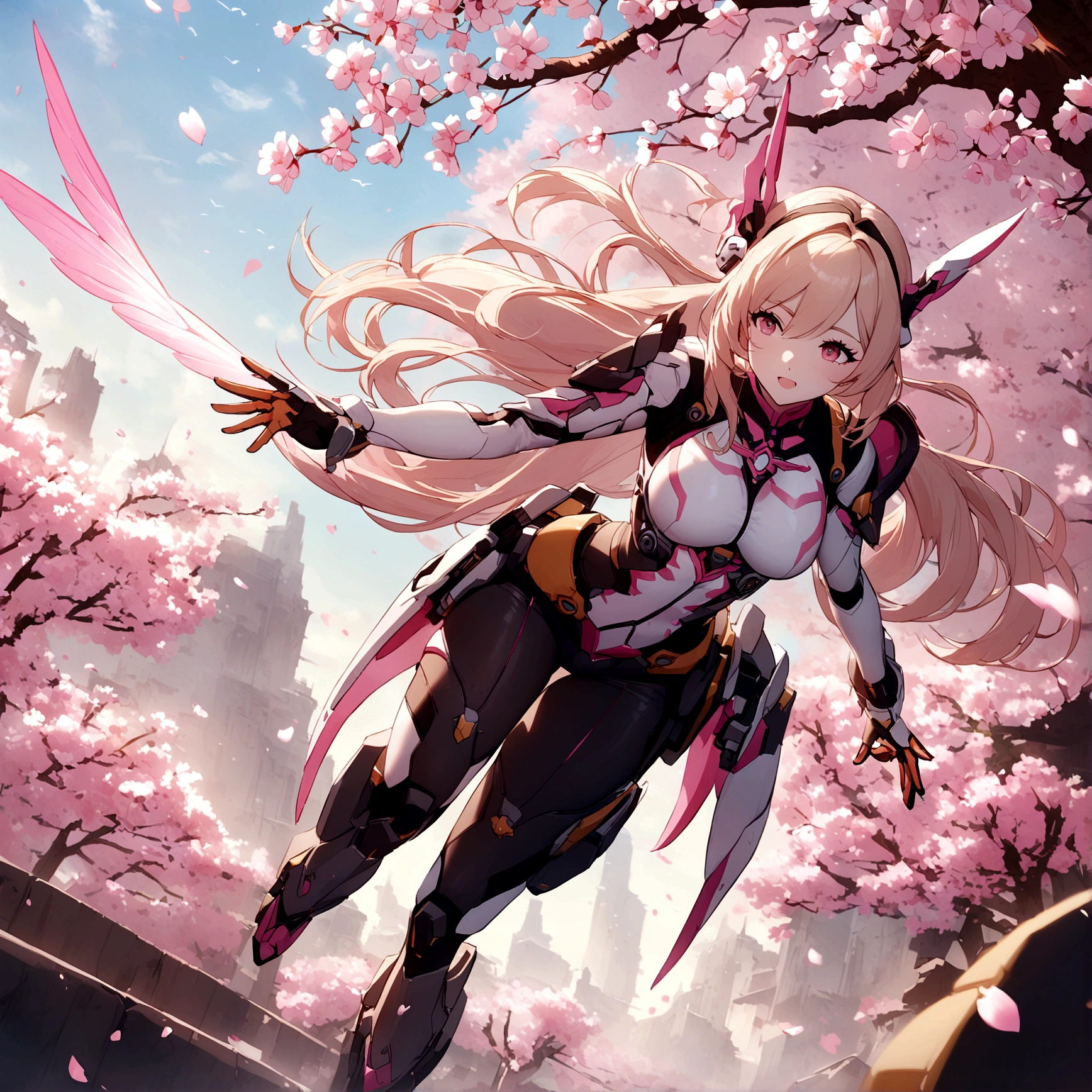 Pink mercy with long hair from overwatch surrounded by cherry blossoms in flight