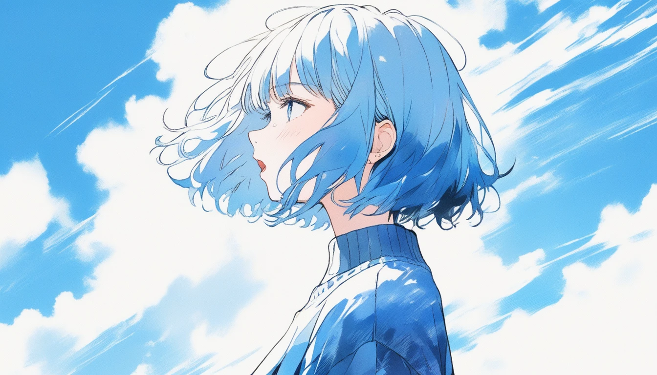 Illustrator, anime , Realistic ,sketch , Abstract sunshine background、Body、1 girl, ,Looking up at the sky, I scream、lip, sweater,order, White gradient background, Blue Hair,Short Bob、blackｔshirt、Textured Trim, Canadian, (masterpiece,Highest quality) Cancer