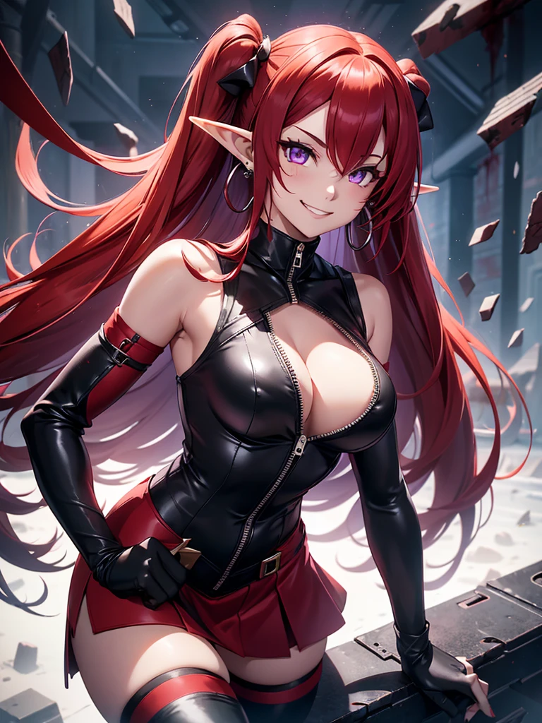 a girl,Elf,long red hair,long twintails,Purple Eyes,((Smile)),earrings,Black sleeveless bodysuit,Super detailed zipper,Black arm sleeves,red skirt,black knee socks,Black ankle boots,dynamic poses,((Blood all over)),((Injuried)),Rendering,best picture