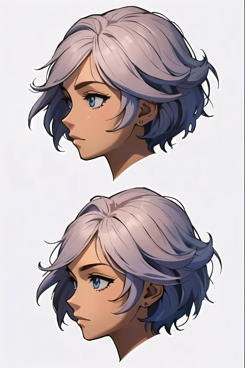 um close de uma pessoa com cabelo curto e peruca roxa, Retrato de design de personagens, headshot concept art do personagem, retrato de arte de personagem, Design de personagens de retrato, headshot concept art, animation portrait concept art, Anime digital illustration, arte detalhada de personagem de anime, character headshot portrait, retrato estilo anime, inspired by senior artist, arte digital detalhada de anime, estilo de arte fofo, arte do personagem
