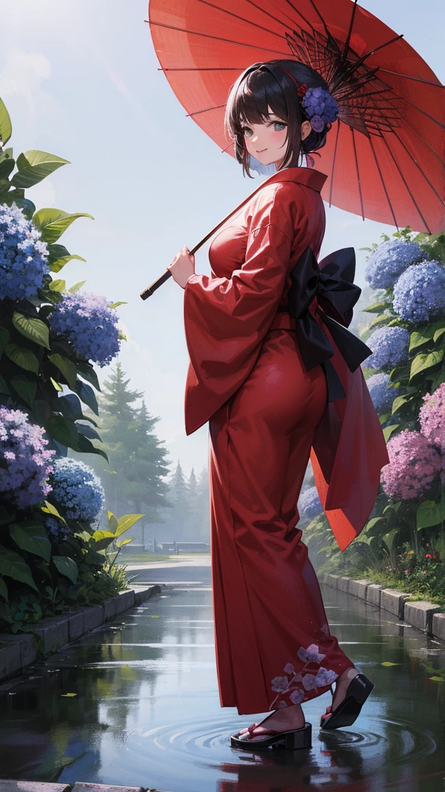 A beautiful, mature woman in a traditional Japanese kimono, standing in a serene Japanese garden filled with blooming hydrangeas. She is holding an umbrella, facing forward, and smiling gently. The illustration is in the style of Japanese anime, with detailed, vibrant colors and a soft, blurred background to highlight the scene. The garden path is wet and reflective, with lush greenery and vibrant hydrangea bushes. The image is in a 9:16 aspect ratio.