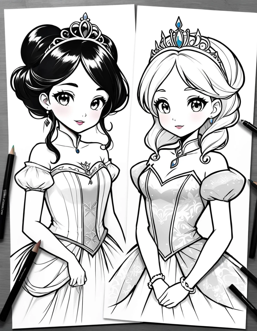 create some more princesses different from the previous one, in black and white to color