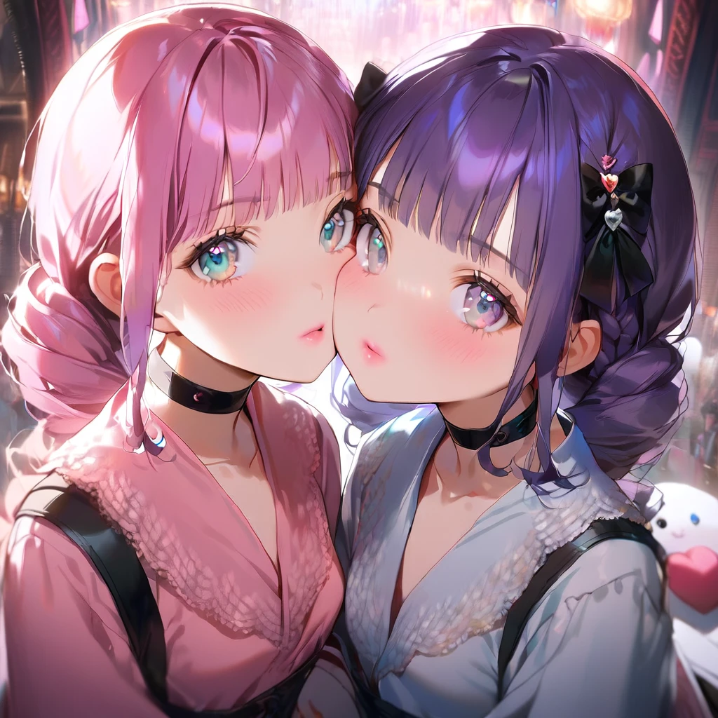 ( 2girls:1.5), (Twin girls, the same face, the same hairstyle, the same eyes, symmetrical posture, cheek-to-cheek,holding hands:1.5).2girls with closs hair pin,pale purple hair,wavy two braids,blunt bangs hair,green and black eyes,girls are wearing
pink shirt,cosplay, jirai kei, bangs, black skirt, black bow, looking at viewer, bow, long sleeves, choker, ribbon,pink lips, :1.4), (masterpiece:1.3), anime visual, (Lovey-dovey:1.5), (tilt head:1.3), extremely delicate face, soft clean focus, realistic lighting and shading, (an extremely delicate and beautiful art:1.3), elegant, (muted colors:1.1), small breast,slim,The Moulin Rouge in Paris, mysterious pink light, a slightly dark room,,smiling,night lit,
