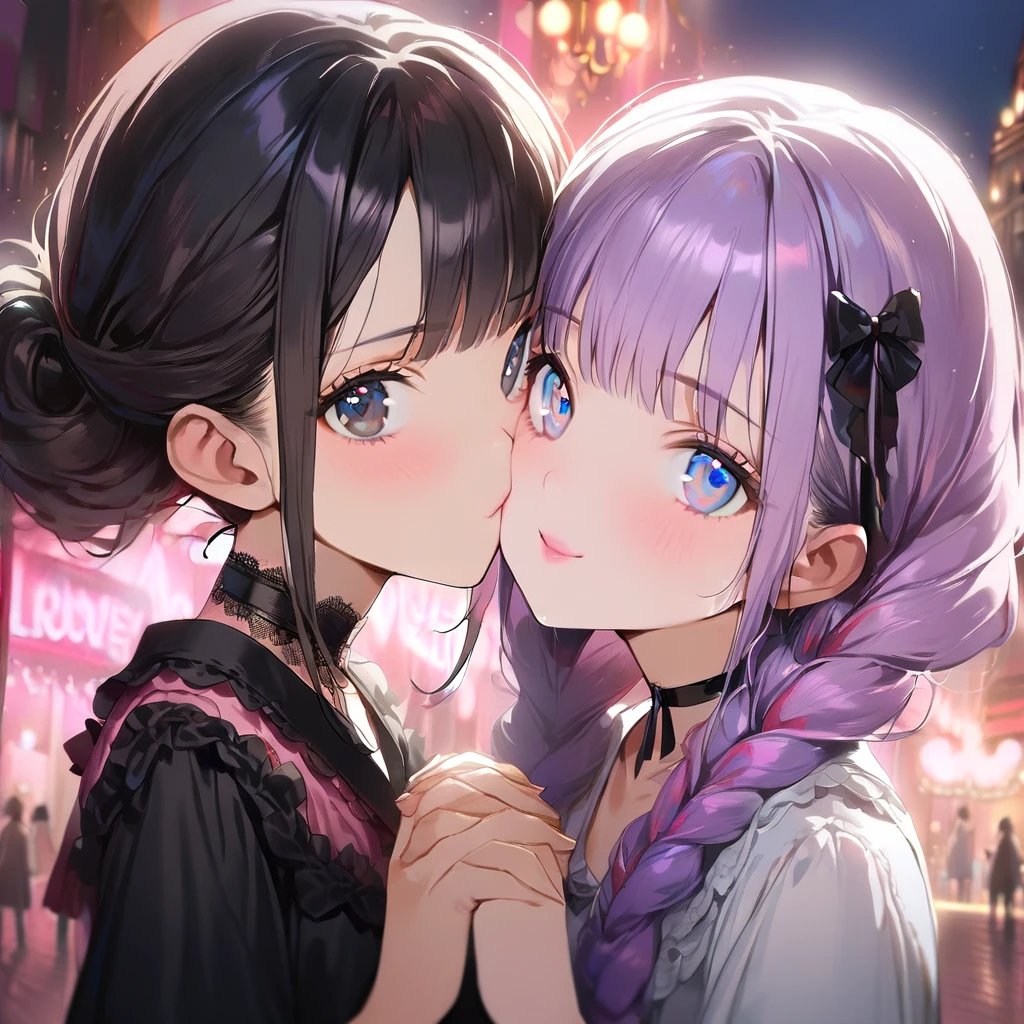 ( 2girls:1.5), (Twin girls, the same face, the same hairstyle, the same eyes, symmetrical posture, cheek-to-cheek,holding hands:1.5).2girls with closs hair pin,pale purple hair,wavy two braids,blunt bangs hair,green and black eyes,girls are wearing 
pink shirt,cosplay, jirai kei, bangs, black skirt, black bow, looking at viewer, bow, long sleeves, choker, ribbon,pink lips, :1.4), (masterpiece:1.3), anime visual, (Lovey-dovey:1.5), (tilt head:1.3), extremely delicate face, soft clean focus, realistic lighting and shading, (an extremely delicate and beautiful art:1.3), elegant, (muted colors:1.1), small breast,slim,The Moulin Rouge in Paris, mysterious pink light, a slightly dark room,,smiling,night lit,