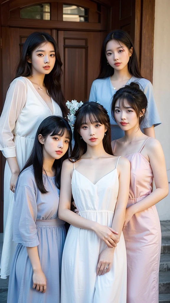 a group of 5 very beautiful girls with a beautiful face with soft pink lips and Asian eyes wearing a blue and white dress with long beautiful black hair