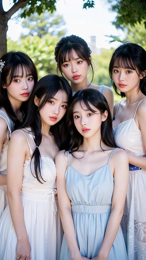 a group of 5 very beautiful girls with a beautiful face with soft pink lips and Asian eyes wearing a blue and white dress with long beautiful black hair