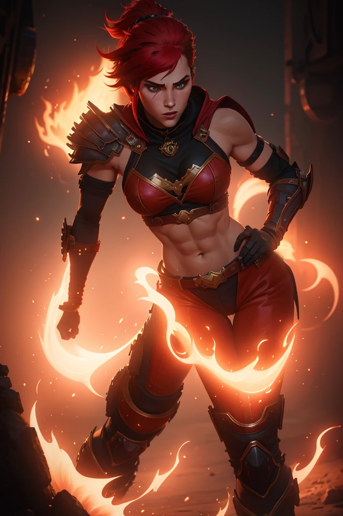 A muscular female warrior battle chasers nightwar red monika with red hair in a high ponytail, wearing a red and gold armored outfit. Her costume includes a form-fitting top and large shoulder guards, with a dark cloak around her neck. The background is dark with orange flames, adding a dramatic effect. JoeMAD2023,1girl, Red_Monica_v2, large breasts, action pose, 8k, uhd, best quality, cartoon, armor, trending on artstation, vibrant colors, epic fantasy, comic style,red hair, ancient city, toned body, abs,