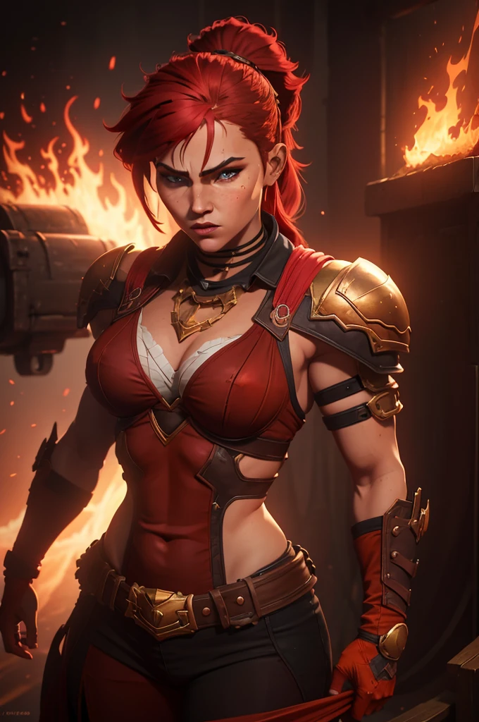 A muscular female warrior battle chasers nightwar red monika with red hair in a high ponytail, wearing a red and gold armored outfit. Her costume includes a form-fitting top and large shoulder guards, with a dark cloak around her neck. The background is dark with orange flames, adding a dramatic effect. JoeMAD2023,1girl, Red_Monica_v2, large breasts, action pose, 8k, uhd, best quality, cartoon, armor, trending on artstation, vibrant colors, epic fantasy, comic style,red hair, ancient city, toned body, abs,